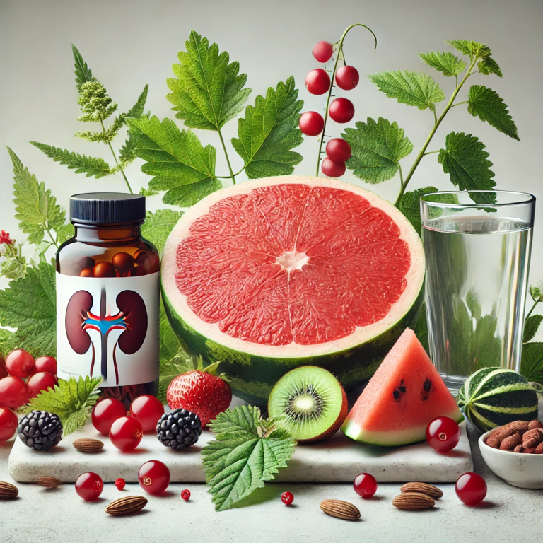 Kidney cleanse ingredients such as cranberries, watermelon, nettle leaf, and supplements, arranged with a glass of water for hydration and detoxification support.