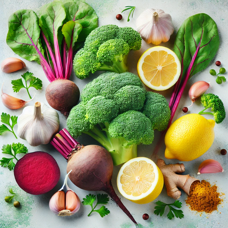  foods that cleanse the liver, featuring fresh and vibrant ingredients. This visual can effectively complement your content on natural liver detoxification.