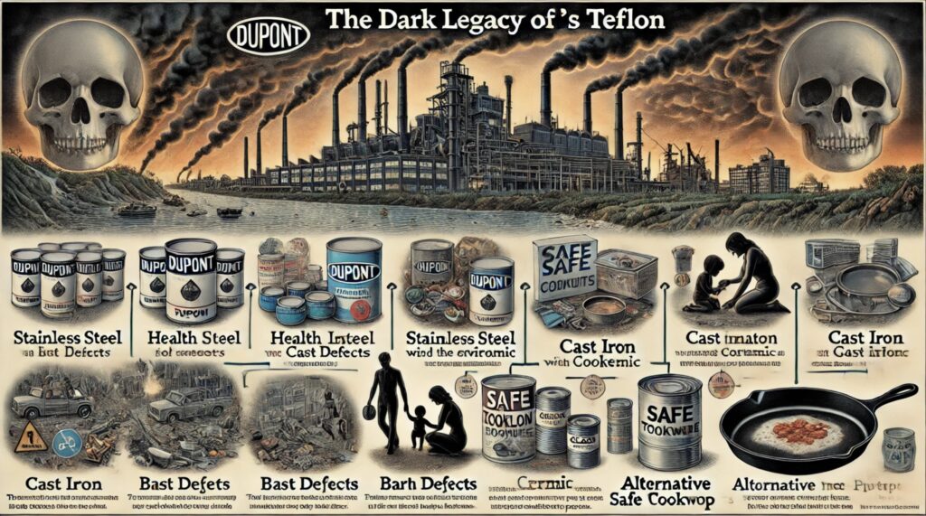 DuPont, Teflon, health risks, PFOA, non-stick cookware, environmental contamination, birth defects, cancer risk, safe cookware alternatives, detoxing from Teflon, stainless steel cookware, cast iron cookware, ceramic cookware, glass cookware, silicone bakeware, toxic chemicals in cookware, PFOA exposure, forever chemicals, DuPont lawsuit, Teflon dangers