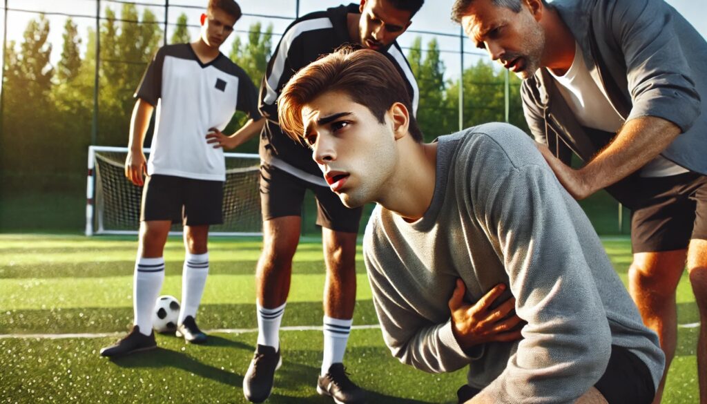 Young man experiencing stroke symptoms on a football field, with concerned teammates and a coach offering support. The scene emphasizes the importance of recognizing stroke symptoms like sudden weakness and imbalance, even in young, active individuals. Stroke awareness, first aid, and quick response are essential on the sports field