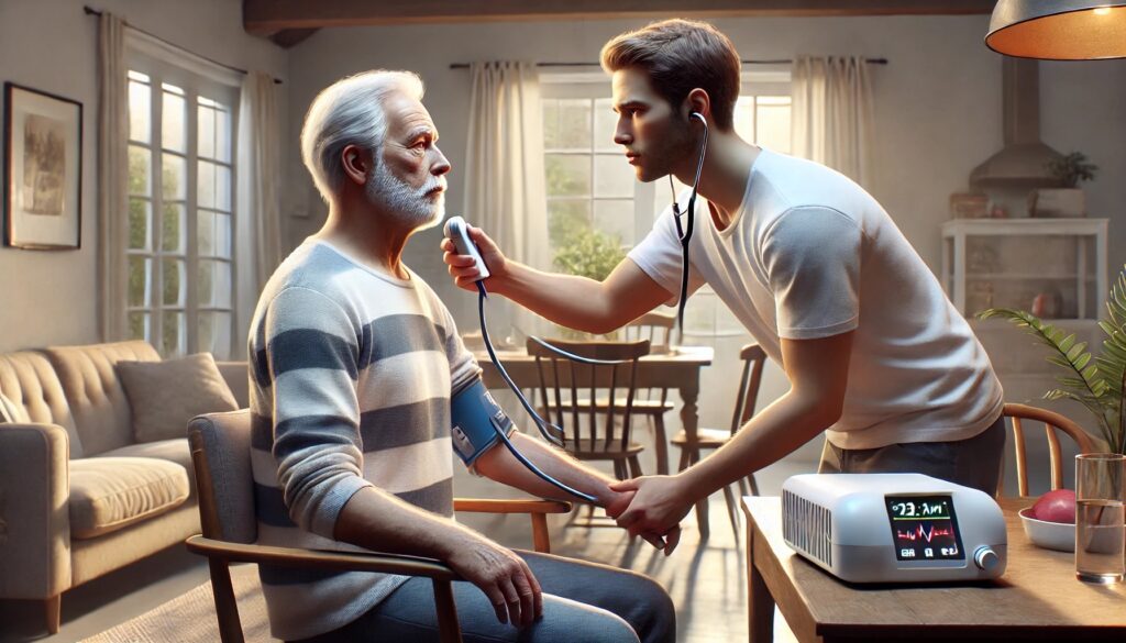 FAST - An older man being checked for stroke symptoms by a younger man measuring his blood pressure at home. The scene highlights the importance of early diagnosis, health monitoring, and stroke prevention through regular check-ups. Stroke symptoms, blood pressure monitoring, and preventive health care.